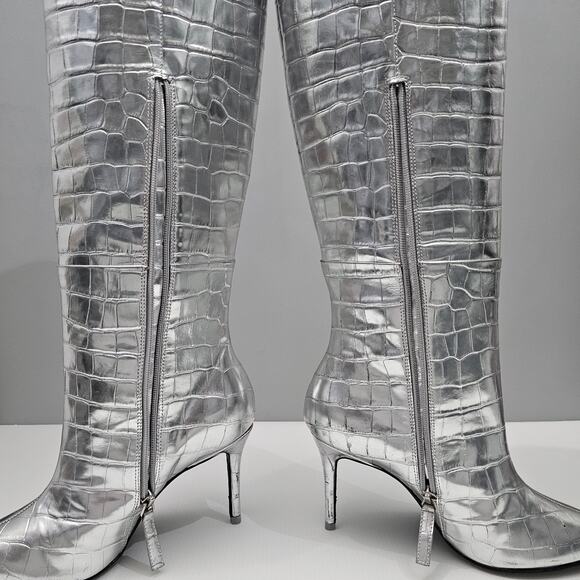 Black Suede Studio Tory Knee High Boot EU 38 Metallic Silver Croc Embossed Heel - Picture 6 of 16